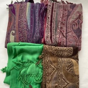 🧣Lot of 4 Pashmina Scarves Green Purple Red Brown
